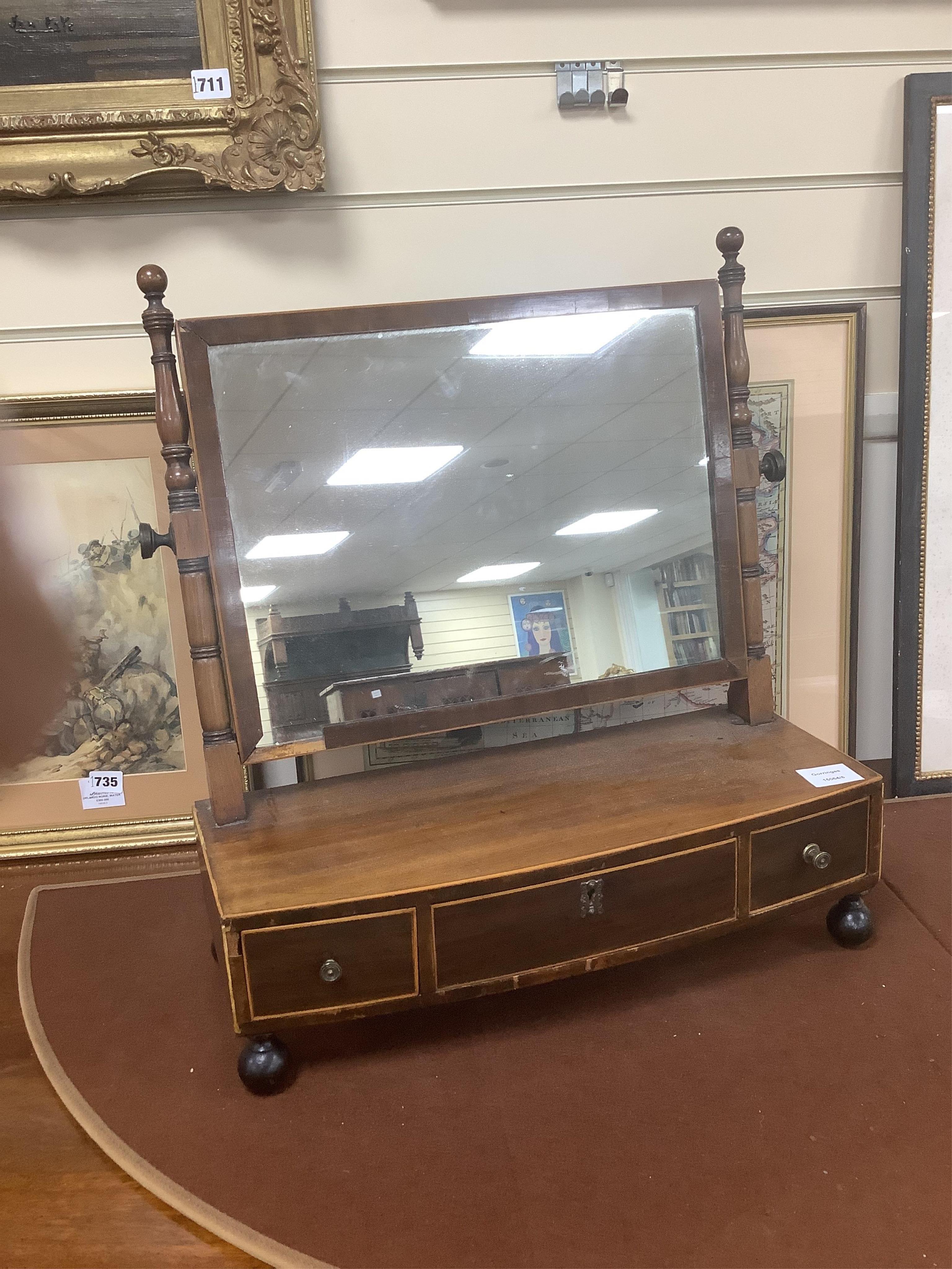 A Regency mahogany toilet mirror, width 50cm, height 56cm. Condition - poor
